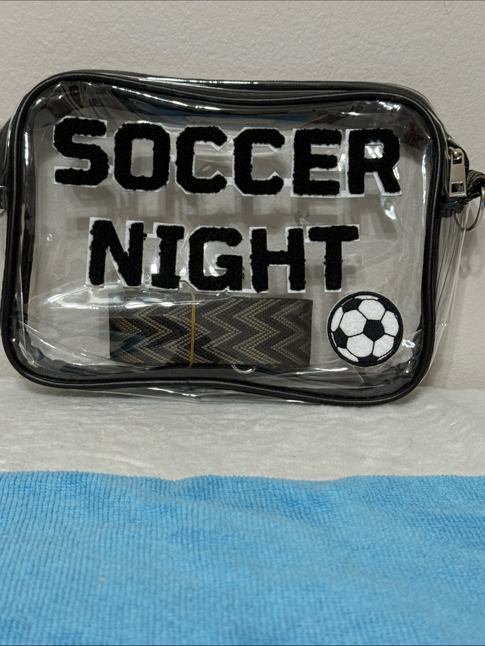 Clear 'Soccer Night' Kids Crossbody Bag with guitar strap in Black and clear !